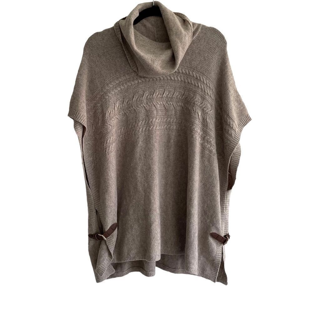 TAHARI Wool Oversized Cowl Neck Poncho Sweater Tan Beige S